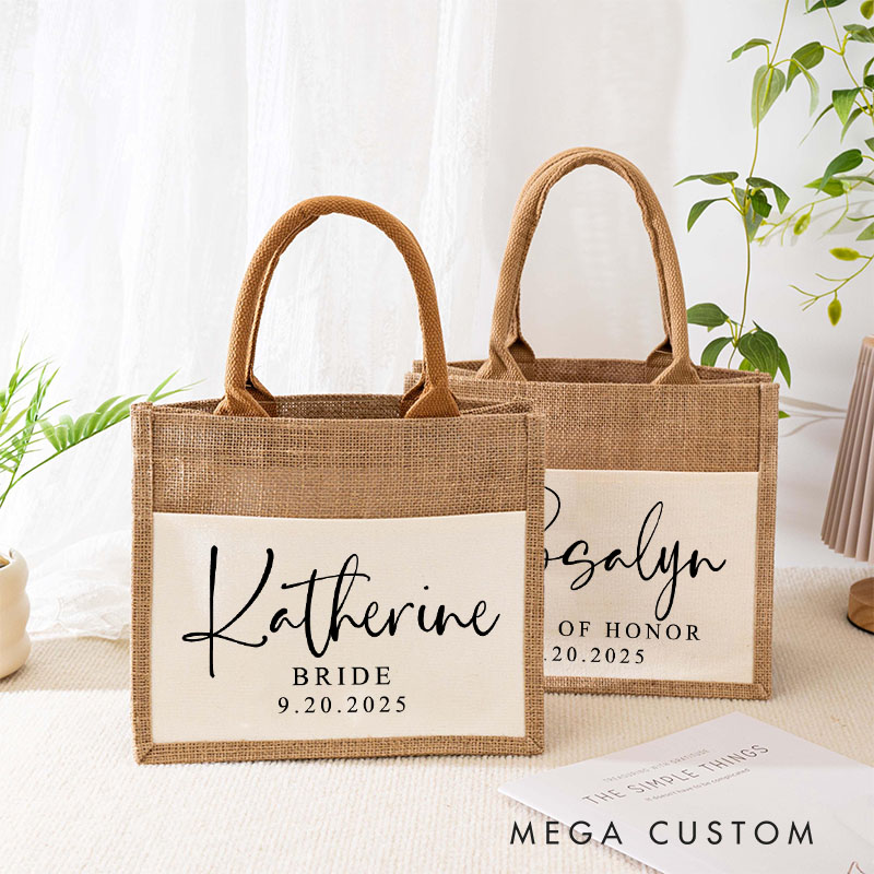 Personalized Bridesmaid Stunning Name Burlap Tote Bag Custom Bride Name and Title Wedding Beach Tote Bag Bachelorette Party Favors Bridal Shower Gift