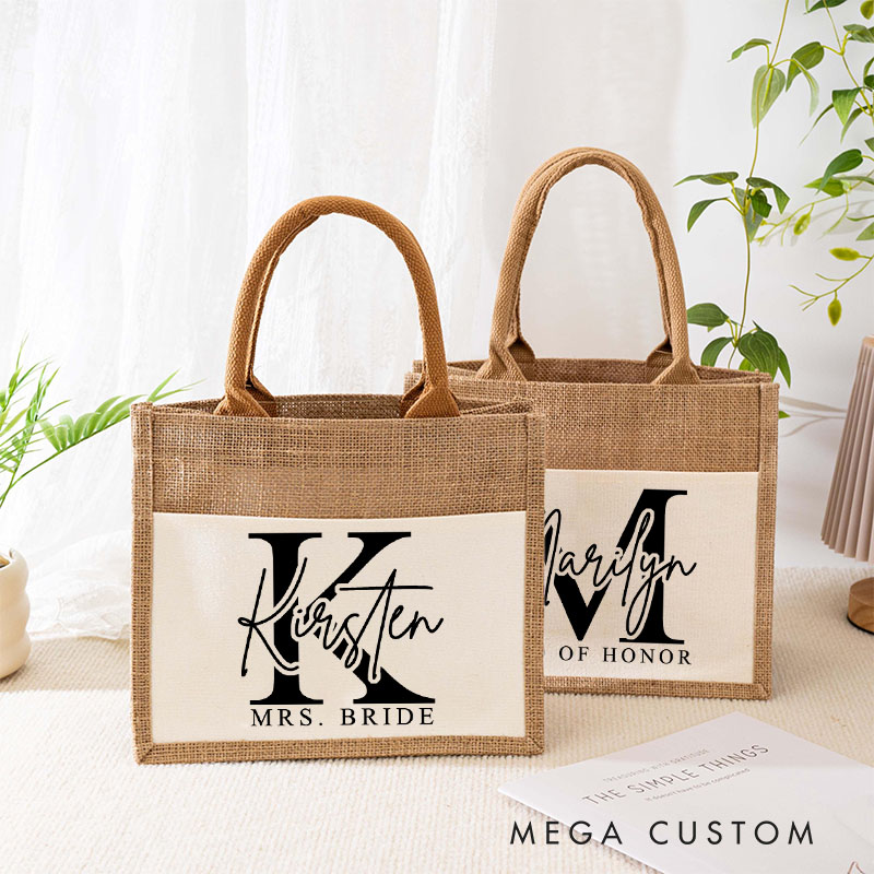Personalized Bridesmaid Stunning Burlap Tote Bag Custom Bride Initials and Title Wedding Beach Tote Bag Bachelorette Party Favors Bridal Shower Gift