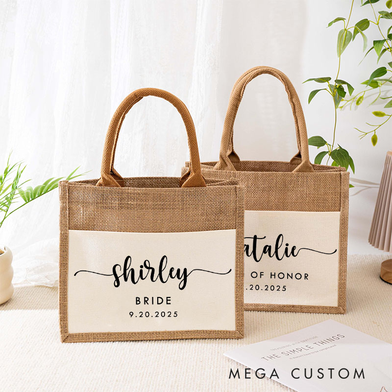 Personalized Bridesmaid Graceful Burlap Tote Bag Custom Bride Name and Title Wedding Beach Tote Bag Bachelorette Party Favors Bridal Shower Gift
