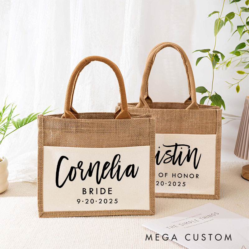 Personalized Bridesmaid Boho Name Burlap Tote Bag Custom Bride Name and Title Wedding Beach Tote Bag Bachelorette Party Favors Bridal Shower Gift