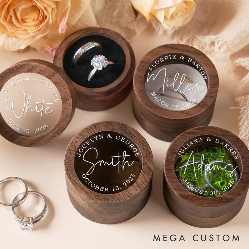 Personalized Couple Minimalist Wedding Wooden Ring Box Newlywed Last Name Round Ring Box with Acrylic Cover Engagement Ring Holder Husband Wife Gift