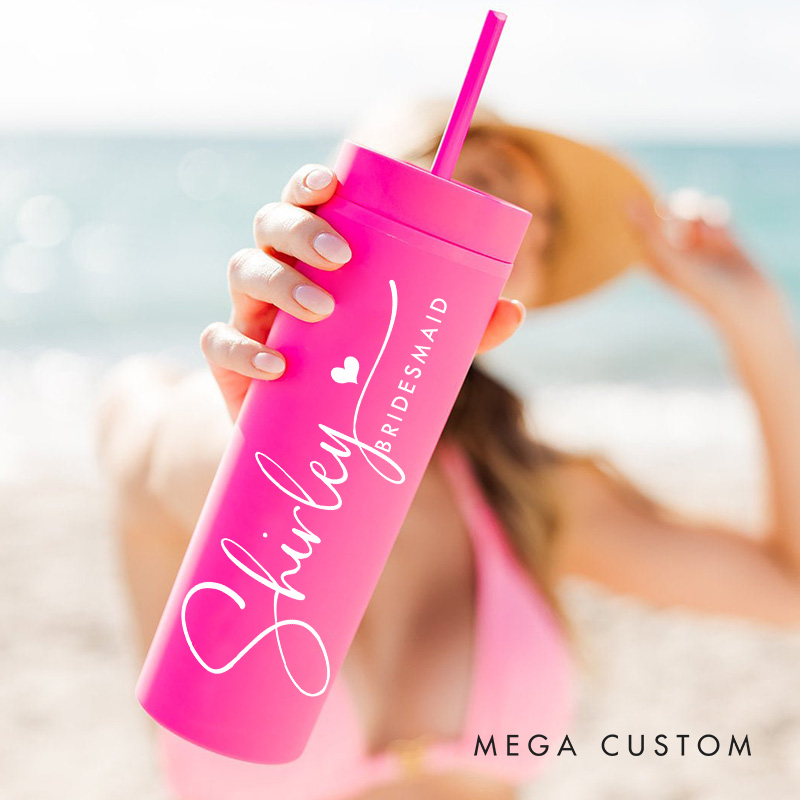 Personalized Elegant Bridesmaid 16oz Skinny Tumbler Custom Bride Name with Heart Wedding Tumbler Maid of Honor Bachelorette Party Bridal Shower Gift