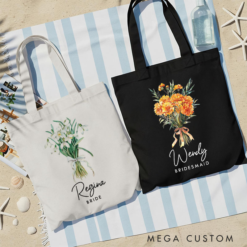 Personalized Bridesmaid Birth Flower Canvas Tote Bag Bride Month Flower Wedding Beach Tote Bag Maid of Honor Bachelorette Party Bridal Shower Gift