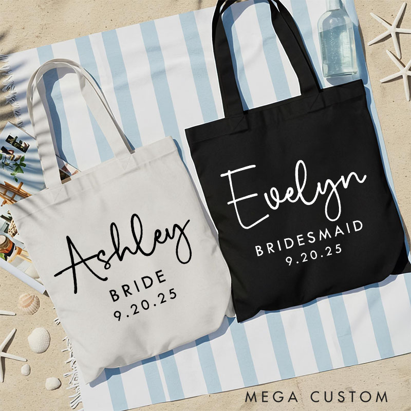 Personalized Bridesmaid Name and Title Canvas Tote Bag Custom Bride Wedding Date Beach Tote Bag Maid of Honor Bachelorette Party Bridal Shower Gift