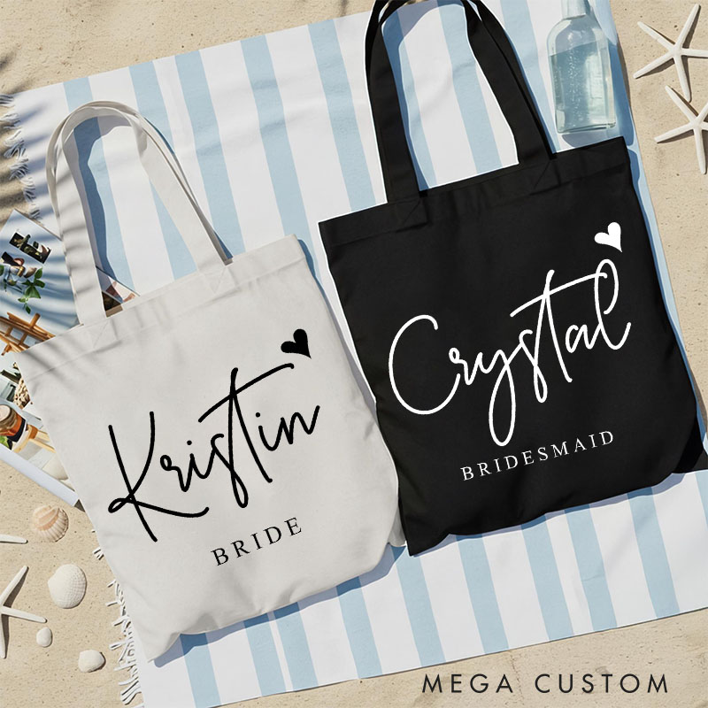 Personalized Bridesmaid Name with Heart Canvas Tote Bag Custom Bride Title Wedding Beach Tote Bag Maid of Honor Bachelorette Party Bridal Shower Gift