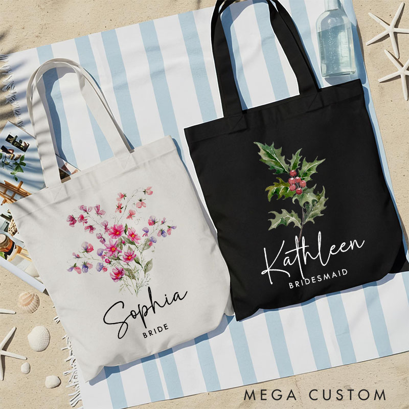 Personalized Bridesmaid Colorful Birth Flower Canvas Tote Bag Bride Month Flower Wedding Beach Bag Maid of Honor Bachelorette Party Bridal Shower Gift