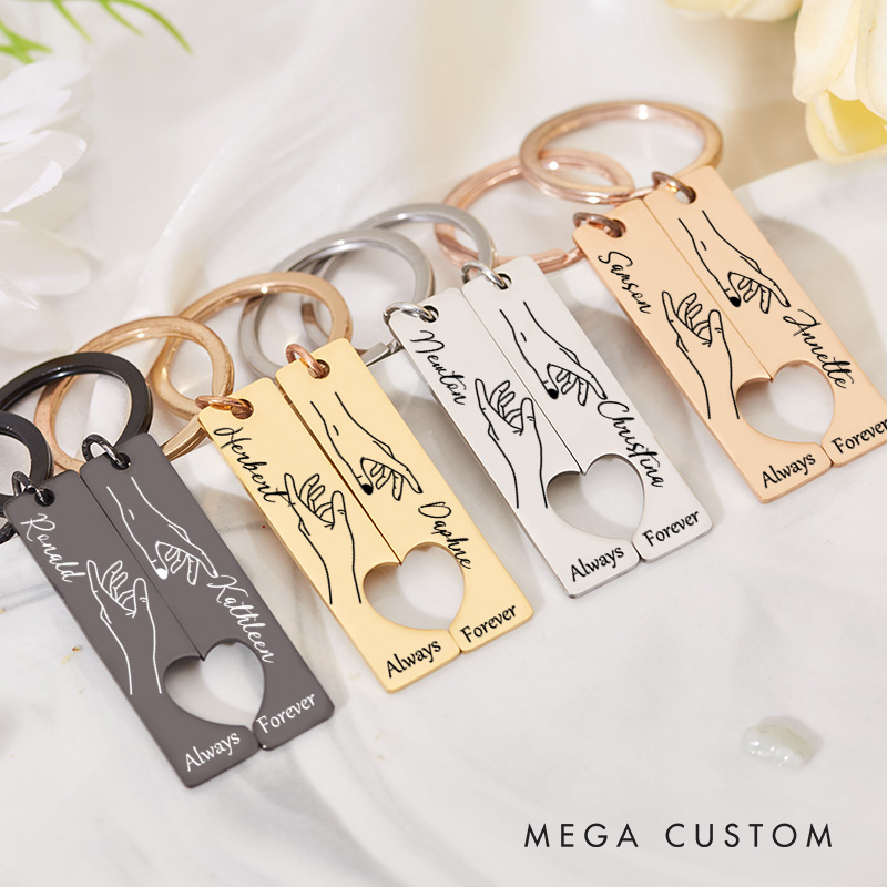 Personalized Couple Forever Always 2pcs Matching Keychain Newlyweds Line Hand Heart Keyring Valentine's Day Gift for Boyfriend Girlfriend Husband Wife