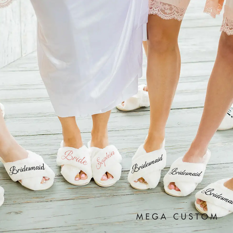 Personalized Bridesmaid Fluffy Slippers with Name Custom Bride Name Slipper Maid of Honor Slippers Bridal Shower Gift Bachelorette Party Gift for Her