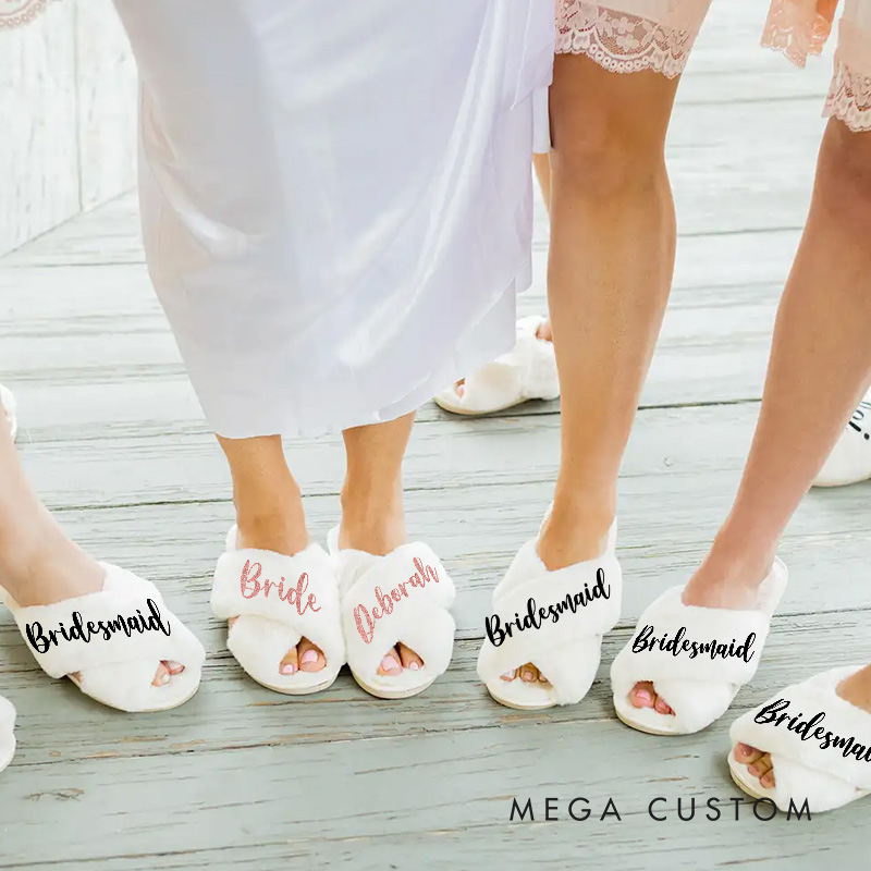 Personalized Stylish Bridesmaid Fluffy Slippers with Name Custom Bride Name Slipper Maid of Honor Slippers Bridal Shower Gift Bachelorette Party Gift