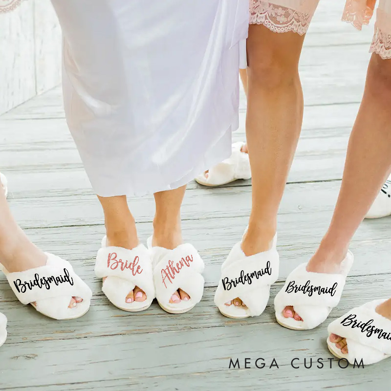 Personalized Bridesmaid Fluffy Slippers Custom Bride Name Fluffy Slipper Maid of Honor Slippers Bridal Shower Gift Bachelorette Party Gift for Her