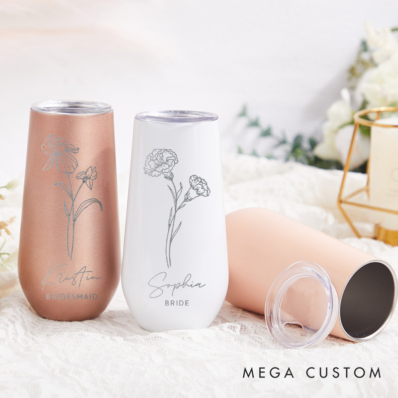 Personalized Bridesmaid Birth Flower Champagne Tumbler Custom Bride Month Flower Tumbler Maid of Honor Bachelorette Party Favors Bridal Shower Gift