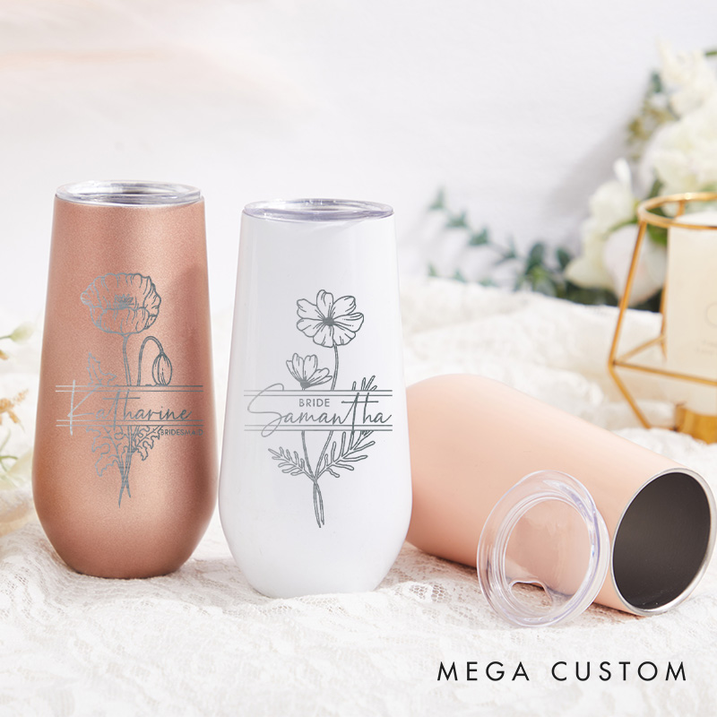 Personalized Bridesmaid Stylish Birth Flower Champagne Tumbler Custom Bride Month Flower Tumbler Bachelorette Party Favors Bridal Shower Gift for Her