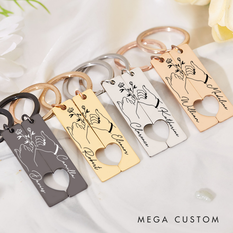 Personalized Couple Pinky Promise 2pcs Matching Keychain Newlywed Flower Hand Heart Keyring Valentine's Day Gift for Boyfriend Girlfriend Husband Wife