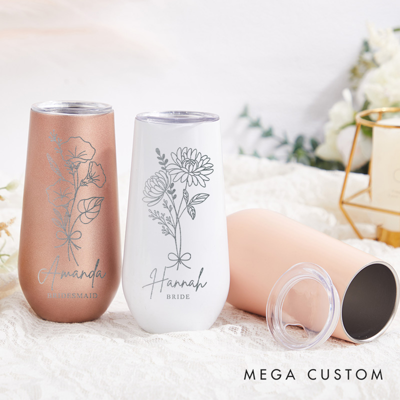 Personalized Bridesmaid Elegant Birth Flower Champagne Tumbler Custom Bride Month Flower Tumbler Bachelorette Party Favors Bridal Shower Gift for Her