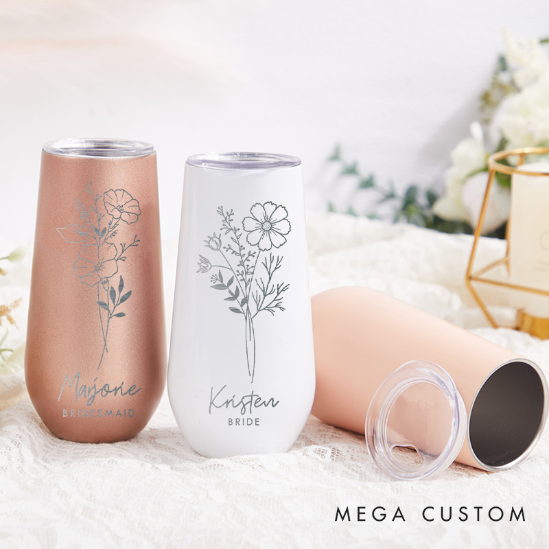 Personalized Bridesmaid Graceful Birth Flower Champagne Tumbler Custom Bride Month Flower Tumbler Bachelorette Party Favors Bridal Shower Gift for Her