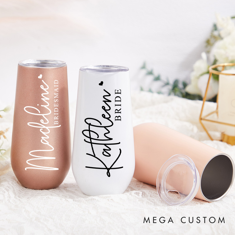 Personalized Bridesmaid Name with Heart Champagne Tumbler Custom Bride Champagne Tumbler Bachelorette Party Favors Bridal Shower Gift for Her