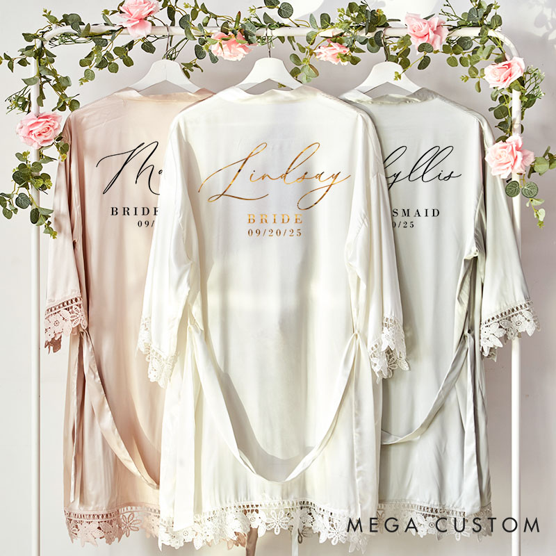 Personalized Bridesmaid Elegant Name and Date Robes Custom Bride Name Wedding Dressing Gown Maid of Honor Bachelorette Party Favors Bridal Shower Gift