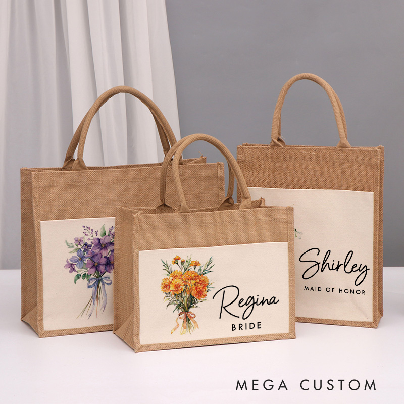 Personalized Bridesmaid Birth Flower Burlap Tote Bag Custom Bride Month Flower Wedding Beach Tote Bag Bachelorette Party Favors Bridal Shower Gift