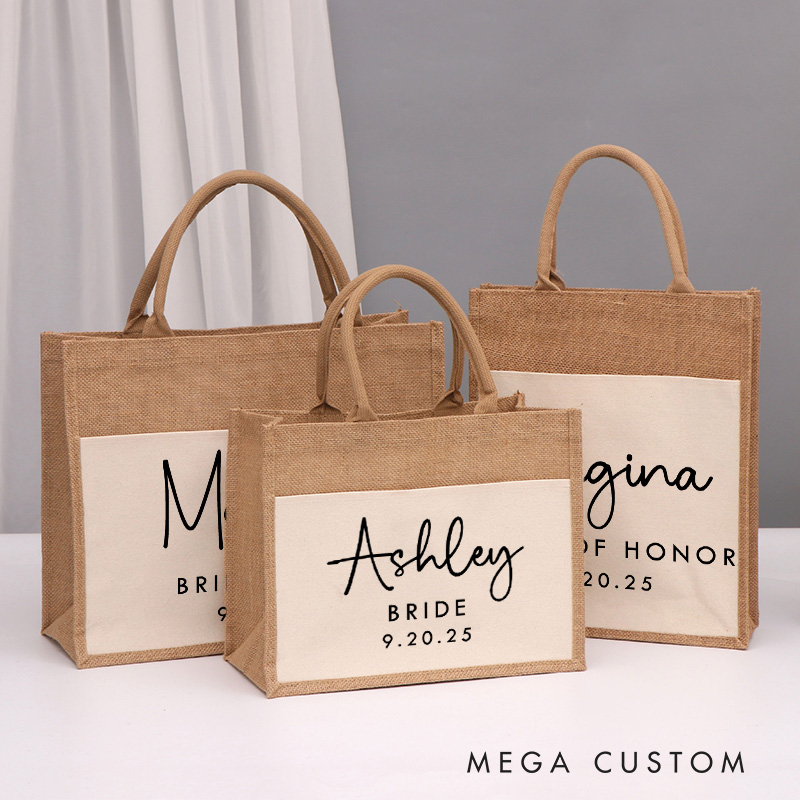 Personalized Bridesmaid Minimalist Name Burlap Tote Bag Custom Bride Name and Title Wedding Beach Tote Bag Bachelorette Party Favor Bridal Shower Gift