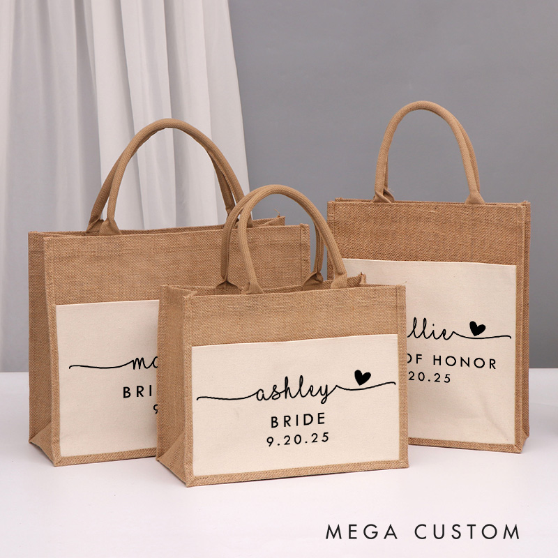 Personalized Bridesmaid Name with Heart Burlap Tote Bag Custom Bride Name and Title Wedding Beach Tote Bag Bachelorette Party Favor Bridal Shower Gift