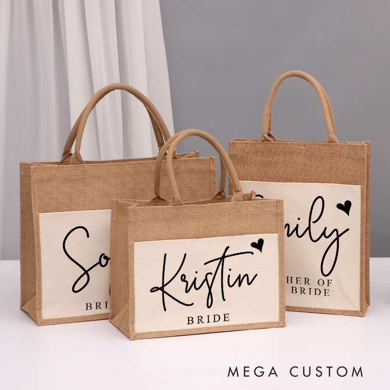 Personalized Bridesmaid Stylish Name with Heart Burlap Tote Bag Custom Bride Name and Title Wedding Beach Bag Bachelorette Party Bridal Shower Gift