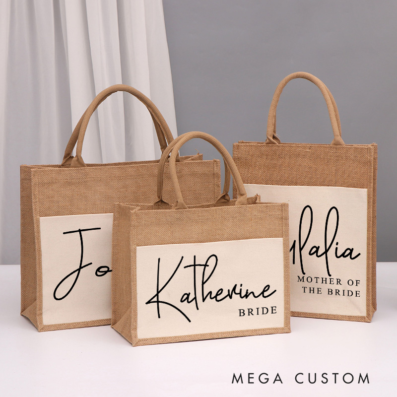 Personalized Bridesmaid Elegant Name Burlap Tote Bag Custom Bride Name and Title Wedding Beach Tote Bag Bachelorette Party Favors Bridal Shower Gift