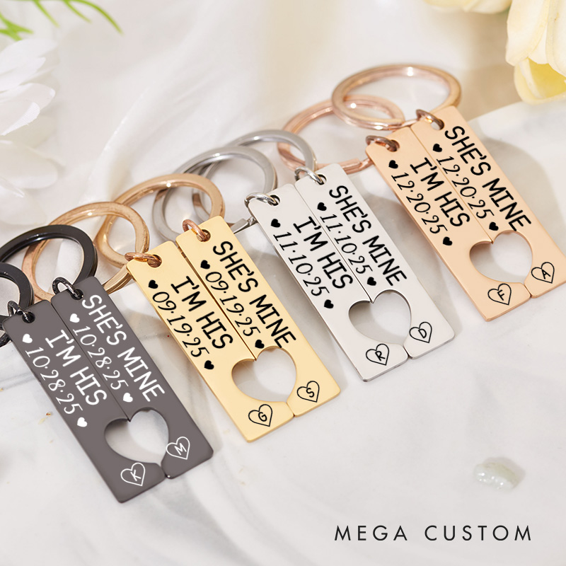 Personalized Couple She's Mine and I'm His 2pcs Matching Keychain Newlyweds Heart Keyring Valentine's Day Gift for Boyfriend Girlfriend Husband Wife