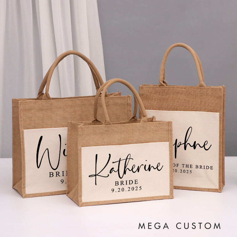 Personalized Bridesmaid Stunning Name Burlap Tote Bag Custom Bride Name and Title Wedding Beach Tote Bag Bachelorette Party Favors Bridal Shower Gift