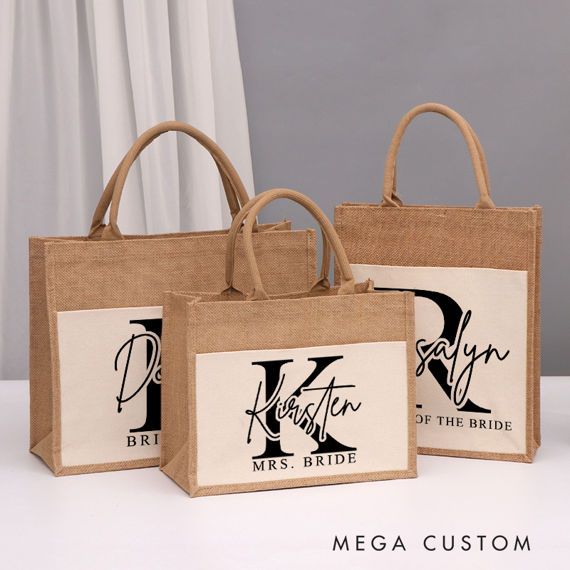 Personalized Bridesmaid Stunning Burlap Tote Bag Custom Bride Initials and Title Wedding Beach Tote Bag Bachelorette Party Favors Bridal Shower Gift