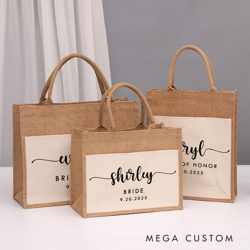 Personalized Bridesmaid Graceful Burlap Tote Bag Custom Bride Name and Title Wedding Beach Tote Bag Bachelorette Party Favors Bridal Shower Gift