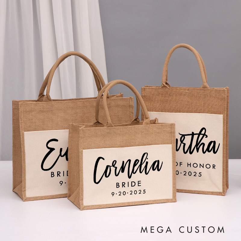 Personalized Bridesmaid Boho Name Burlap Tote Bag Custom Bride Name and Title Wedding Beach Tote Bag Bachelorette Party Favors Bridal Shower Gift
