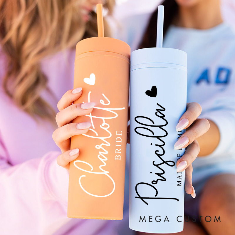 Personalized Bridesmaid 16oz Skinny Tumbler Custom Bride Name with Heart Wedding Tumbler Maid of Honor Bachelorette Party Favor Bridal Shower Gift