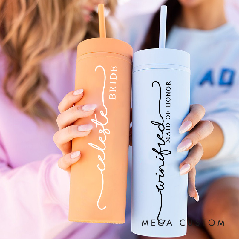 Personalized Minimalist Bridesmaid 16oz Skinny Tumbler Custom Bride Name Wedding Tumbler Maid of Honor Bachelorette Party Favor Bridal Shower Gift