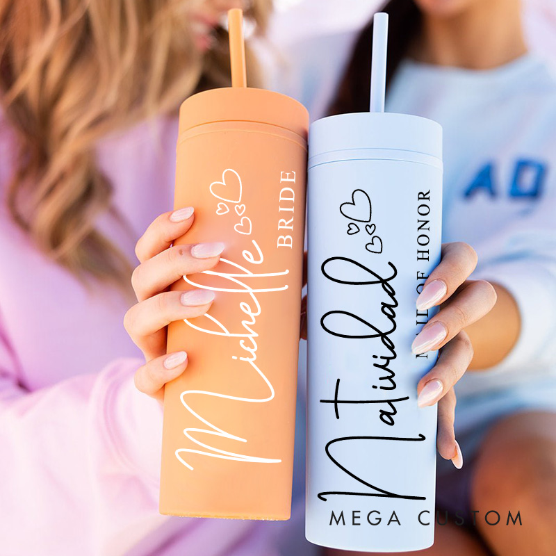 Personalized Gorgeous Bridesmaid 16oz Skinny Tumbler Custom Bride Name with Heart Wedding Tumbler Maid of Honor Bachelorette Party Bridal Shower Gift