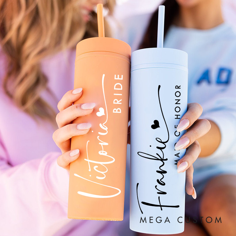 Personalized Elegant Bridesmaid 16oz Skinny Tumbler Custom Bride Name with Heart Wedding Tumbler Maid of Honor Bachelorette Party Bridal Shower Gift