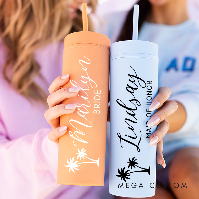 Personalized Bridesmaid Palm Tree 16oz Skinny Tumbler Custom Bride Name and Title Wedding Tumbler Maid of Honor Bachelorette Party Bridal Shower Gift