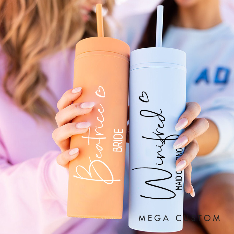 Personalized Bridesmaid Name with Heart 16oz Skinny Tumbler Custom Bride Name Wedding Tumbler Maid of Honor Bachelorette Party Bridal Shower Gift