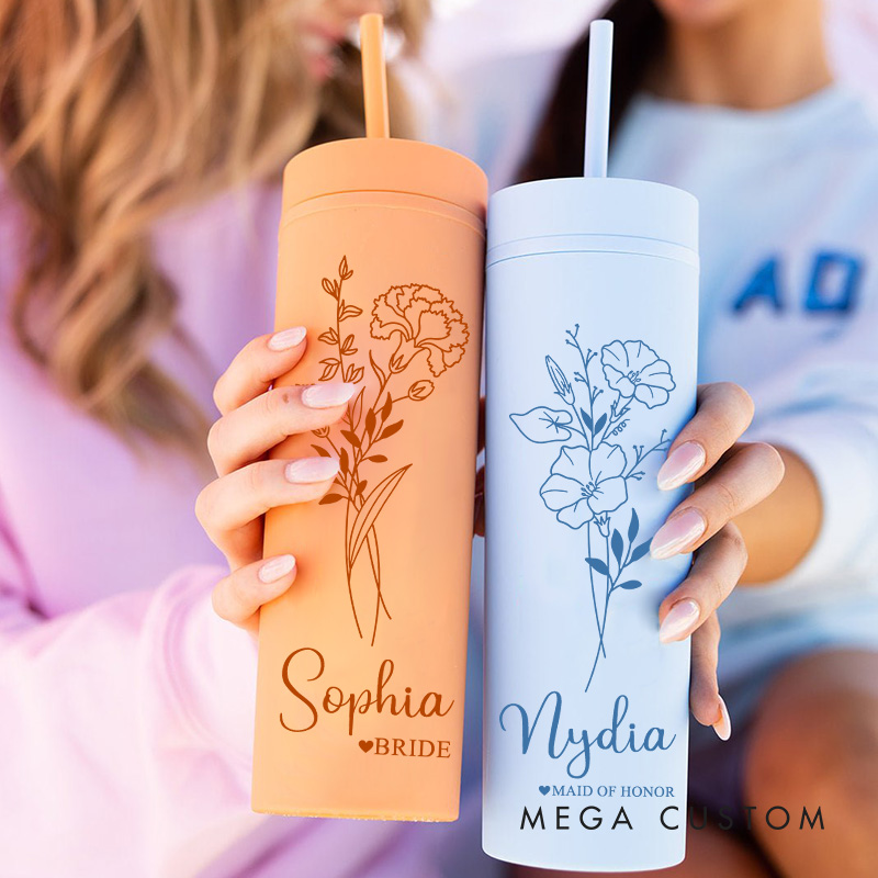 Personalized Bridesmaid Birth Flower 16oz Skinny Tumbler Custom Bride Month Flower Wedding Tumbler Maid of Honor Bachelorette Party Bridal Shower Gift