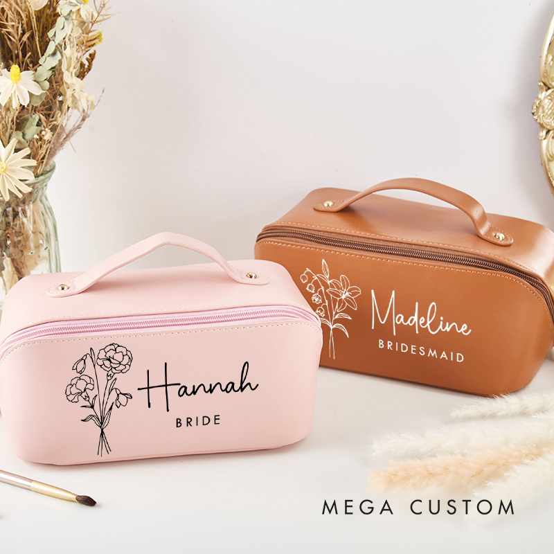 Personalized Bridesmaid Birth Flower Makeup Bag Custom Bride Wedding Cosmetic Bag Maid of Honor Toiletry Pouch Bachelorette Party Bridal Shower Gift