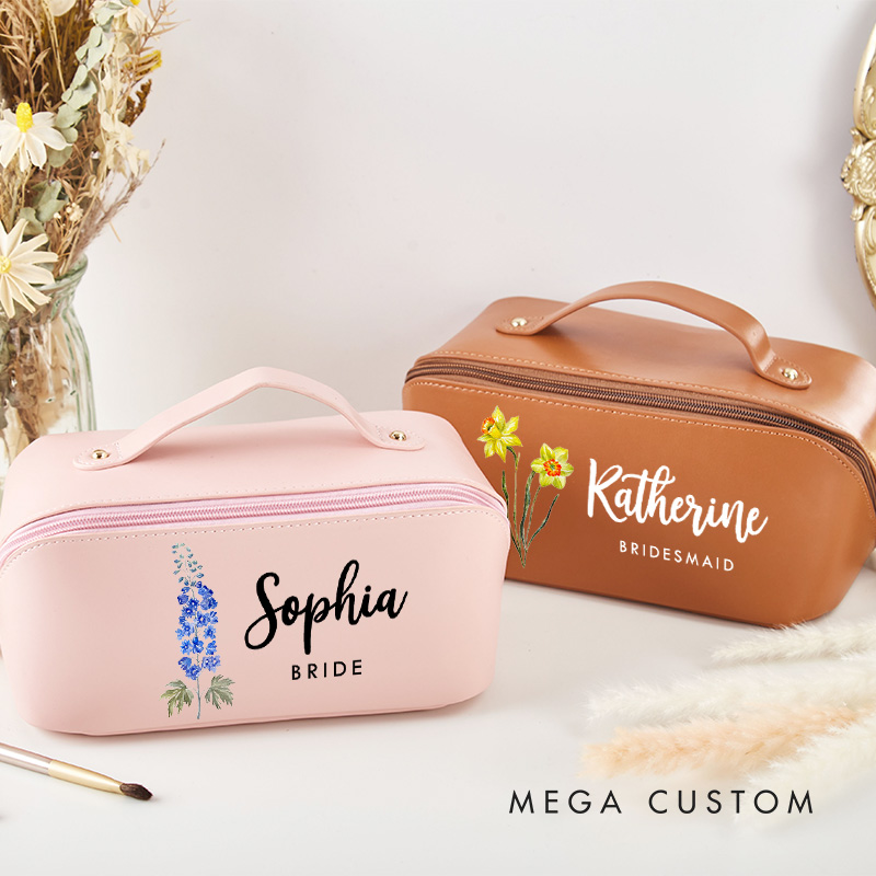 Personalized Bridesmaid Birth Flower Makeup Bag Bride Wedding Cosmetic Bag Maid of Honor Toiletry Pouch Bachelorette Party Favor Bridal Shower Gift