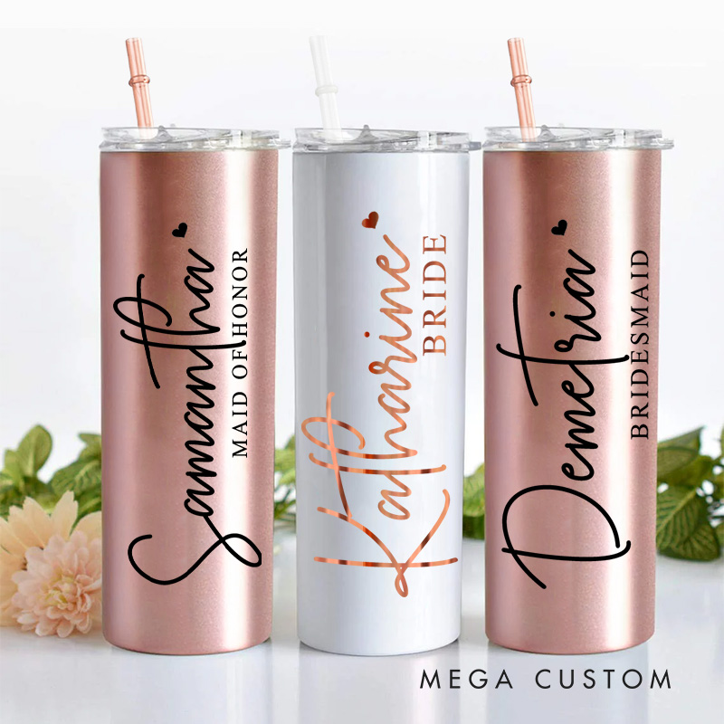 Personalized Bridesmaid Name with Heart 20oz Skinny Tumbler with Lid and Straw Custom Bride Name Wedding Tumbler Maid of Honor Bachelorette Party Gift