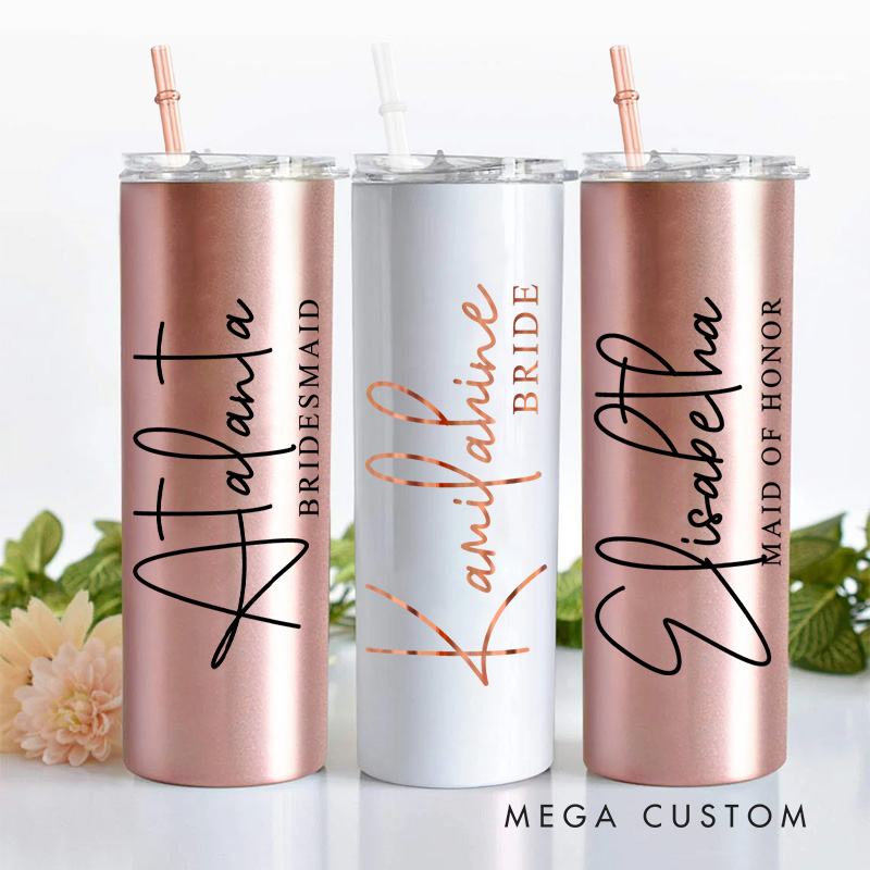 Personalized Bridesmaid Name with Heart 20oz Skinny Tumbler with Lid and Straw Custom Bride Name Wedding Tumbler Maid of Honor Bachelorette Party Gift