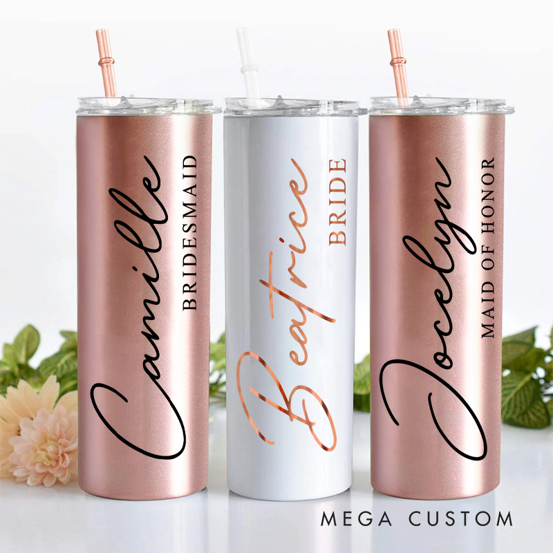 Personalized Minimalist Bridesmaid Name 20oz Skinny Tumbler with Lid and Straw Custom Bride Name Wedding Tumbler Maid of Honor Bachelorette Party Gift