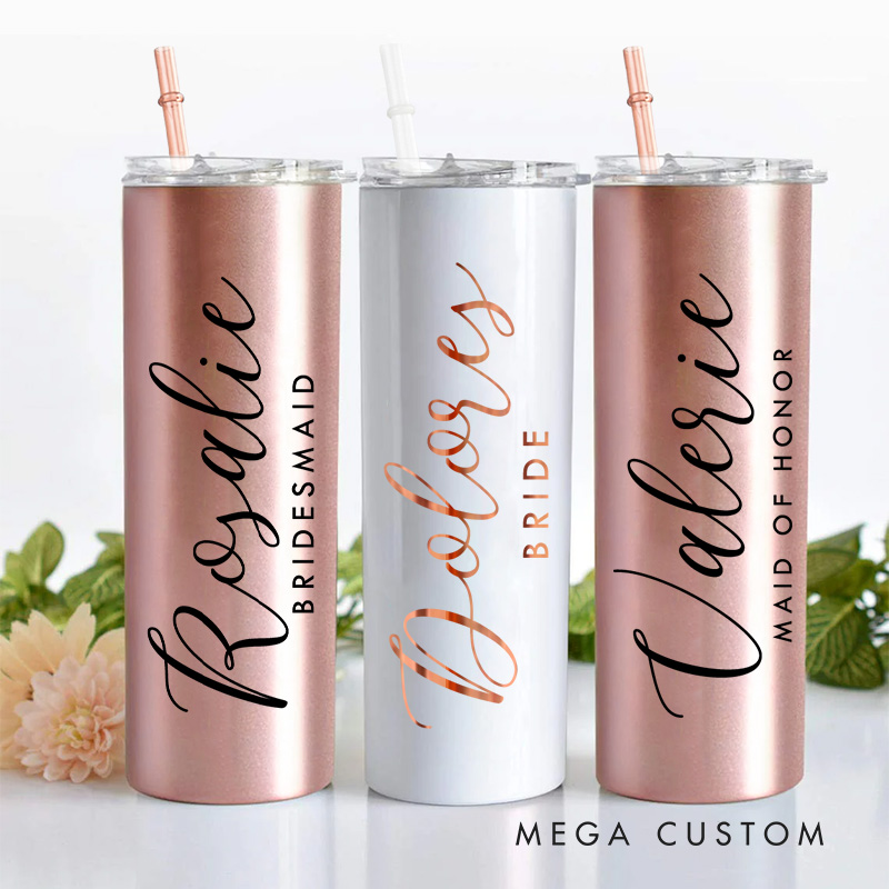 Personalized Elegant Bridesmaid Name 20oz Skinny Tumbler with Lid and Straw Custom Bride Name Wedding Tumbler Maid of Honor Bachelorette Party Gift