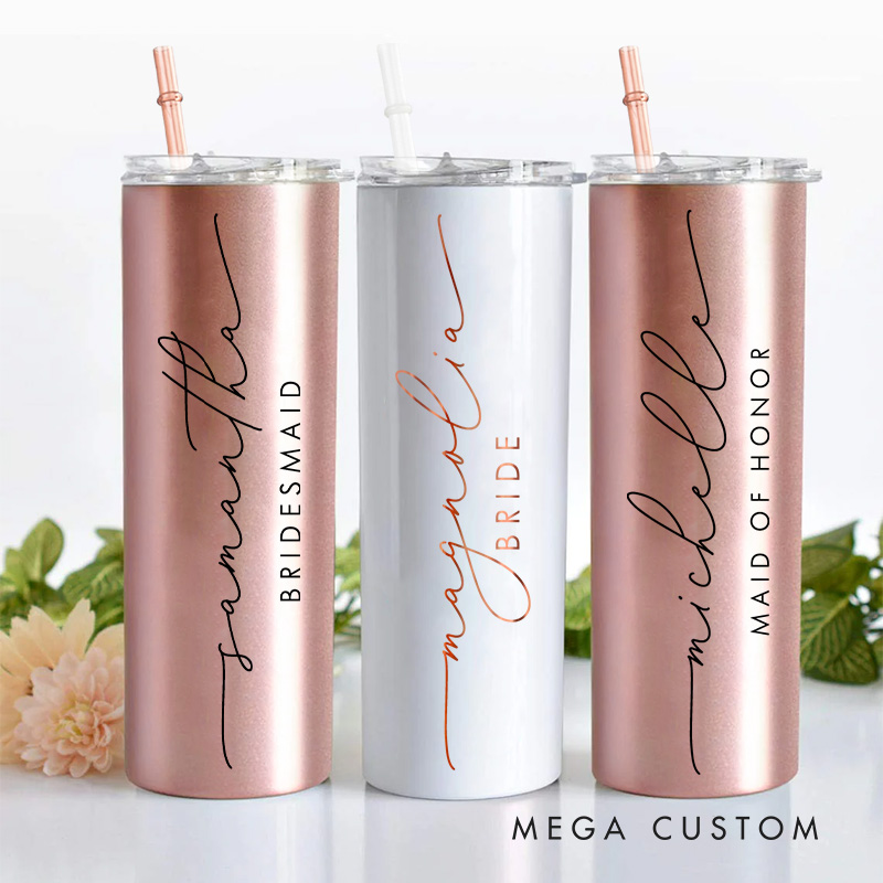 Personalized Bridesmaid Wedding 20oz Skinny Tumbler with Lid and Straw Custom Bride Name with Heart Tumbler Maid of Honor Bachelorette Party Gift