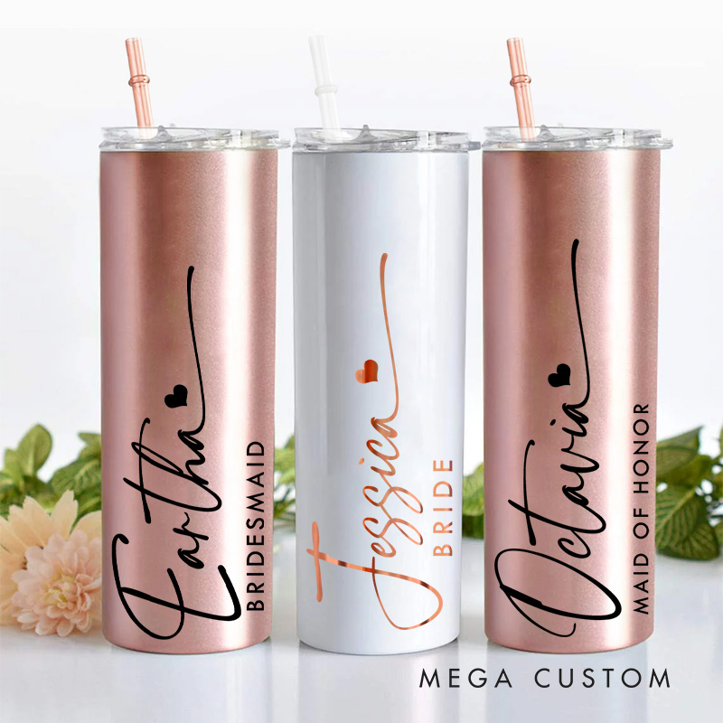 Personalized Bridesmaid Wedding Stylish 20oz Skinny Tumbler with Lid and Straw Custom Bride Name Tumbler Maid of Honor Bachelorette Party Gift