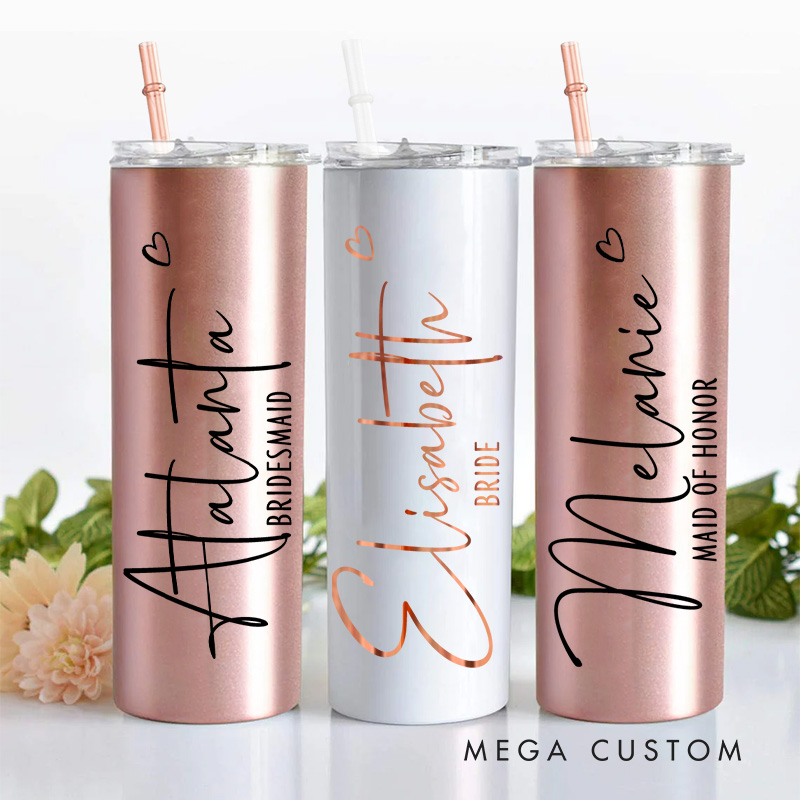Personalized Bridesmaid Wedding 20oz Skinny Tumbler with Lid and Straw Custom Bride Name with Heart Tumbler Maid of Honor Bachelorette Party Gift