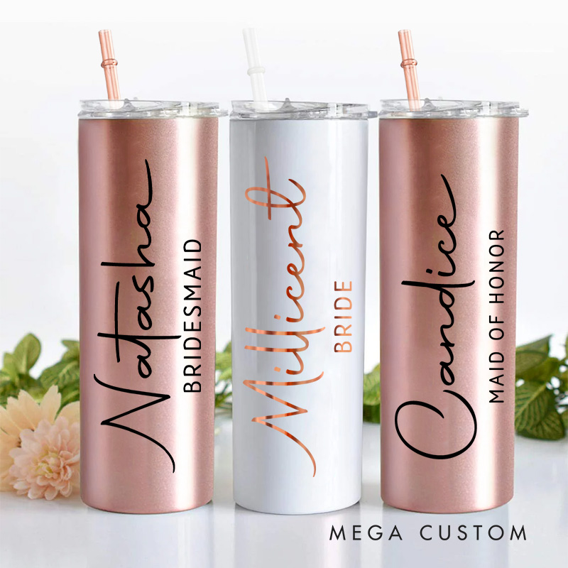 Personalized Bridesmaid 20oz Skinny Tumbler with Lid and Straw Wedding Bride Name with Heart Tumbler Maid of Honor Bachelorette Party Gift for Her