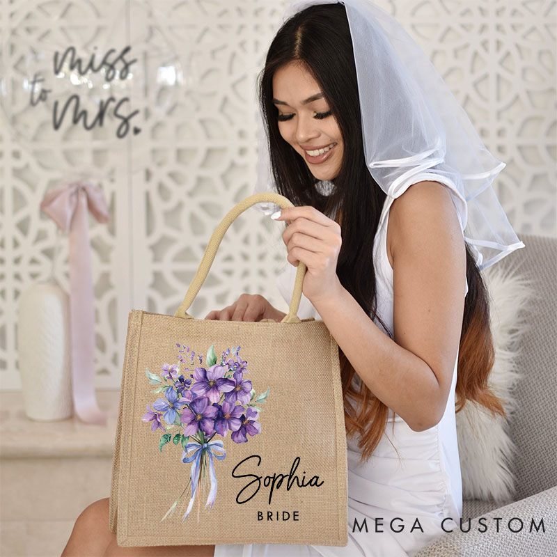 Personalized Bridesmaid Elegant Birth Flower Burlap Tote Bag Bride Month Flower Wedding Beach Jute Tote Bag Bachelorette Party Bridal Shower Gift