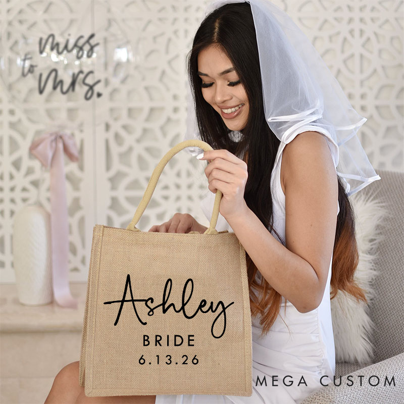 Personalized Bridesmaid Burlap Tote Bag Custom Bride Month Flower Jute Tote Bag Wedding Date Beach Tote Bag Bachelorette Party Bridal Shower Gift